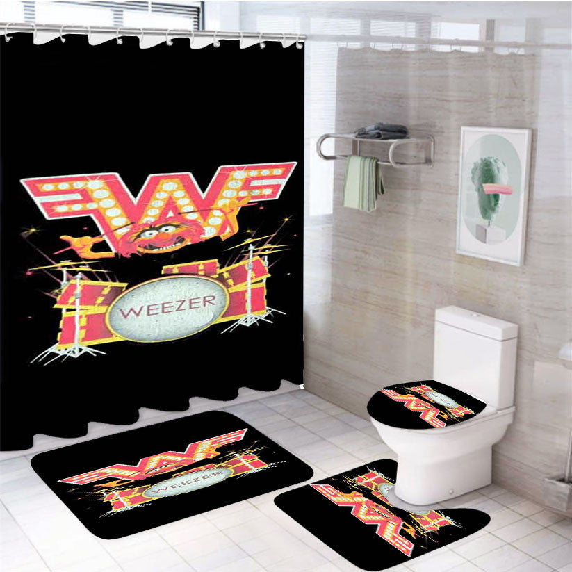 Weezer Muppets Drummer 4Pcs Bathroom Non-Slip Rugs Shower Curtain Fabric Waterproof