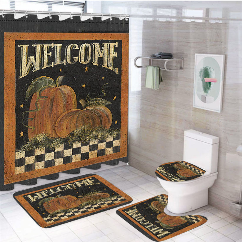 Welcome Pumpkins Primitive 4Pcs Bathroom Non-Slip Rugs Shower Curtain Fabric Waterproof