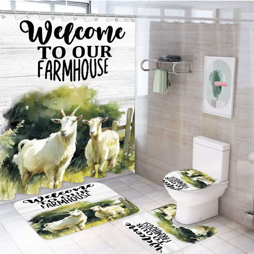 Welcome To Our Farm Goats 4Pcs Bathroom Non-Slip Rugs Shower Curtain Fabric Waterproof