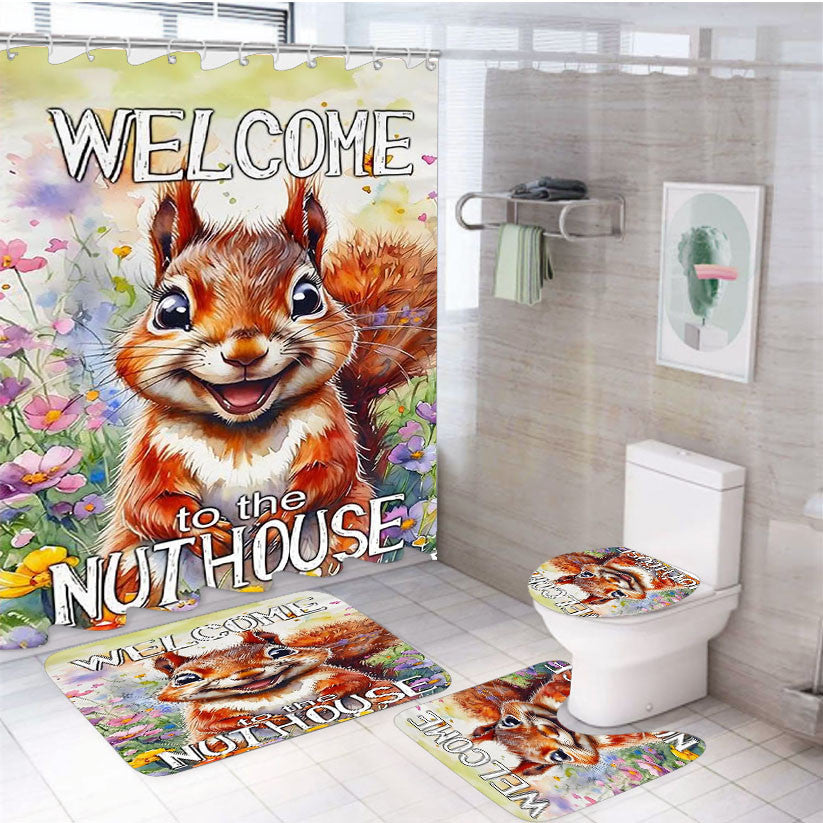 Welcome To The Nuthouse 4Pcs Bathroom Non-Slip Rugs Shower Curtain Fabric Waterproof