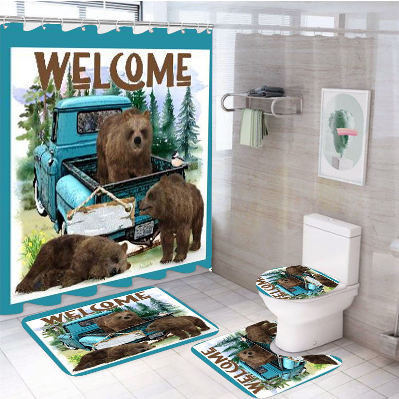 Welcome Truck Three Bears 4Pcs Bathroom Non-Slip Rugs Shower Curtain Fabric Waterproof