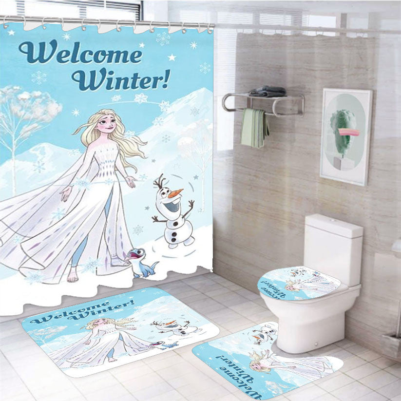 Welcome Winter Elsa & Olaf 4Pcs Bathroom Non-Slip Rugs Shower Curtain Fabric Waterproof
