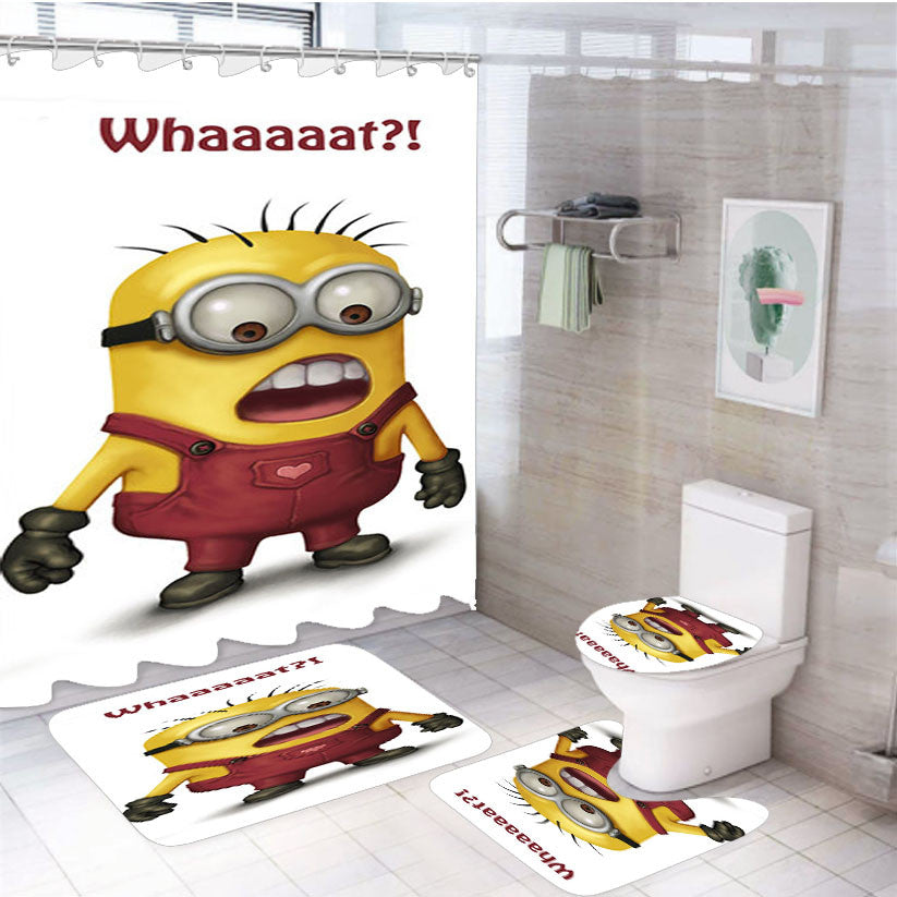 Whaaaat Minions 4Pcs Bathroom Non-Slip Rugs Shower Curtain Fabric Waterproof