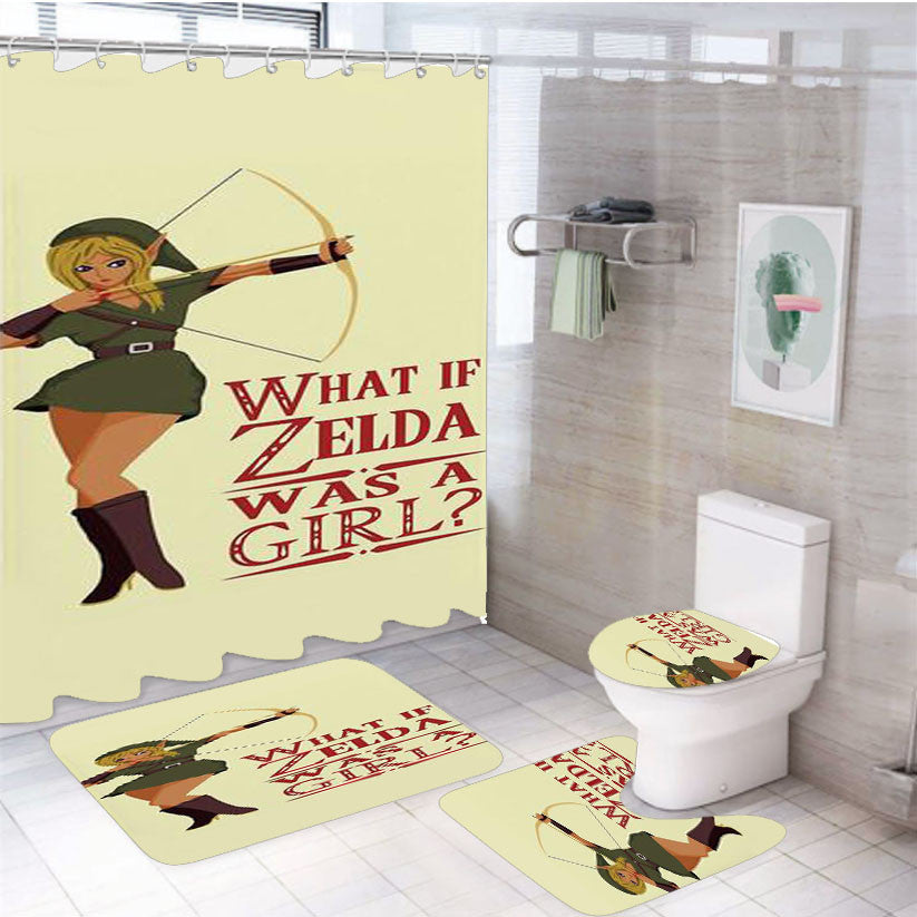 What If Zelda Was A Girl 4Pcs Bathroom Non-Slip Rugs Shower Curtain Fabric Waterproof