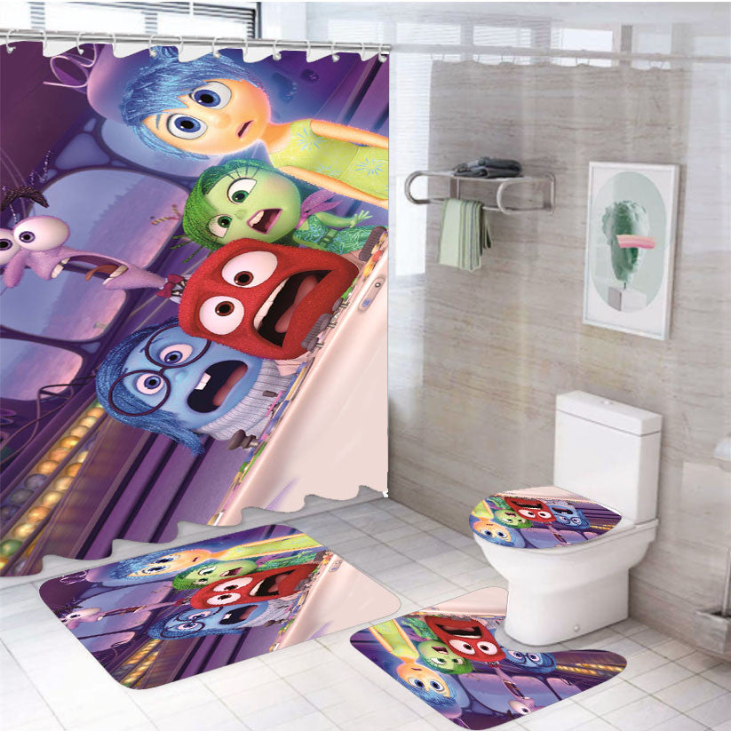 Whats Inside Out Disney 4Pcs Bathroom Non-Slip Rugs Shower Curtain Fabric Waterproof