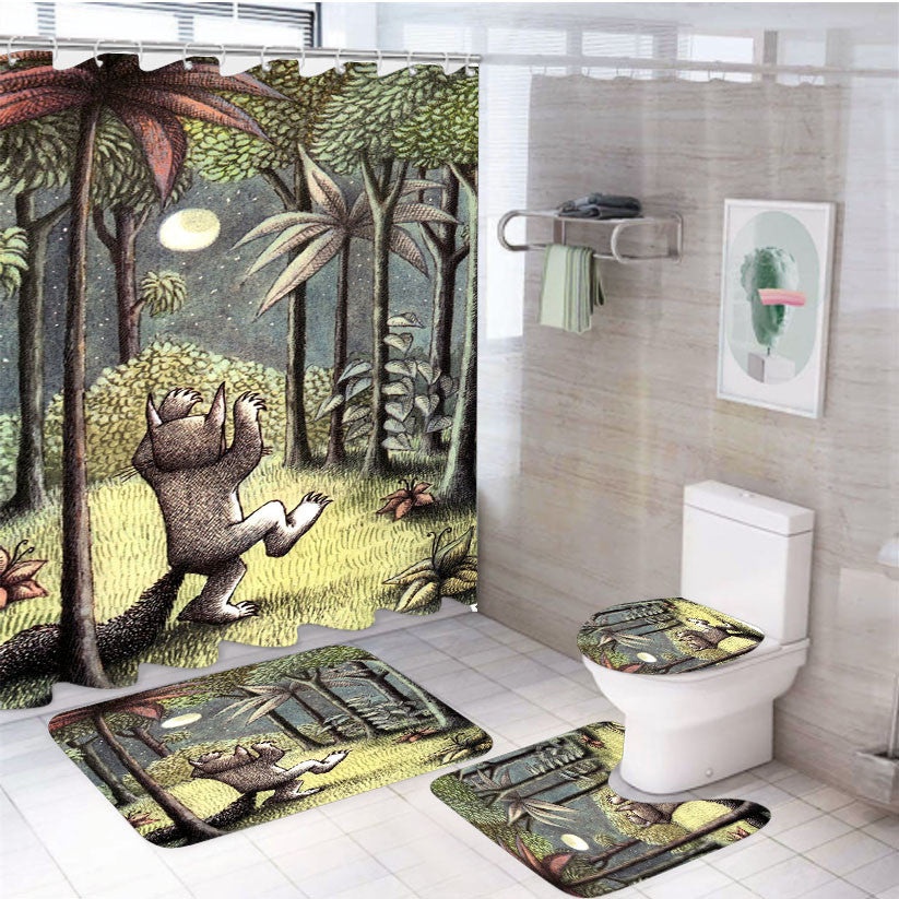 Where The Wild Things Are 4Pcs Bathroom Non-Slip Rugs Shower Curtain Fabric Waterproof