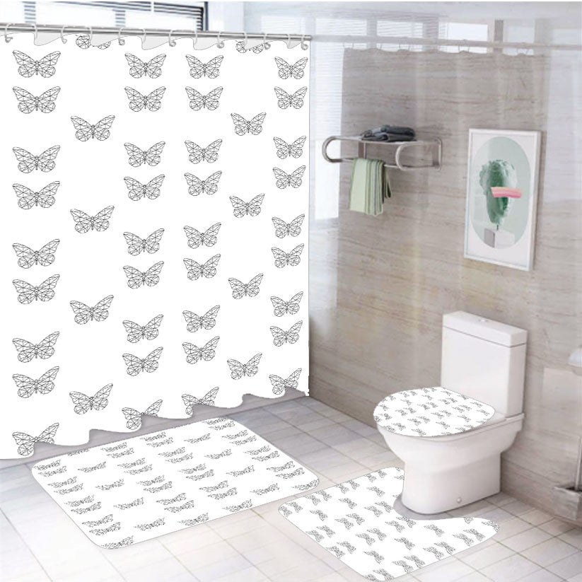 White Black Geometric Butterfly Pattern Wallpaper 4Pcs Bathroom Non-Slip Rugs Shower Curtain Fabric Waterproof