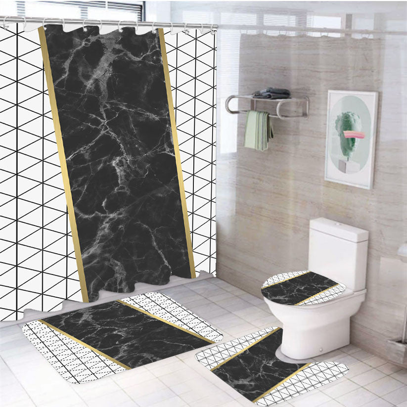 White Black Marble Geometric Triangle And Gold Line Pattern 4Pcs Bathroom Non-Slip Rugs Shower Curtain Fabric Waterproof