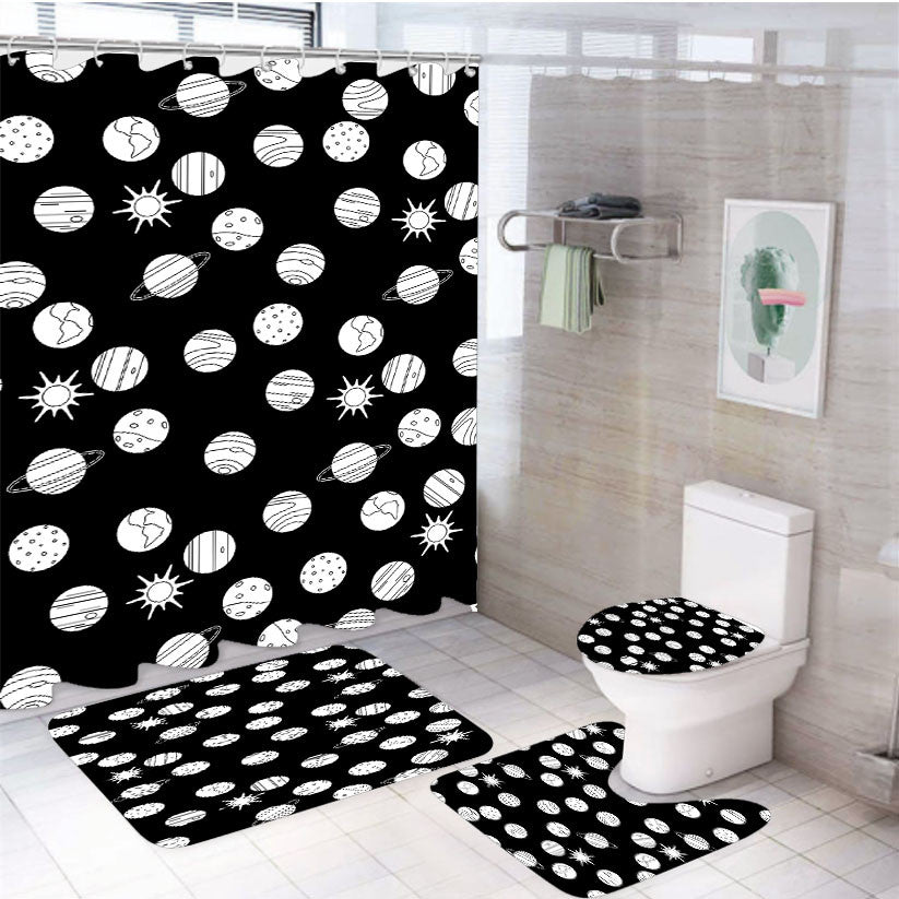 White Black Planet Pattern Doodle 4Pcs Bathroom Non-Slip Rugs Shower Curtain Fabric Waterproof