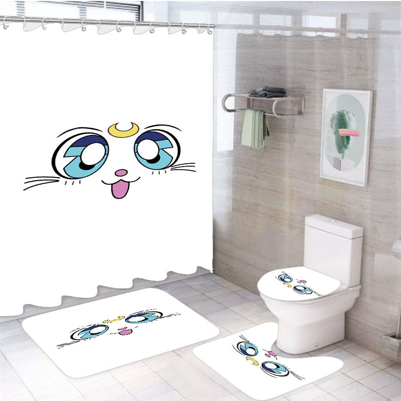 White Cat Sailor Moon Artemis 4Pcs Bathroom Non-Slip Rugs Shower Curtain Fabric Waterproof