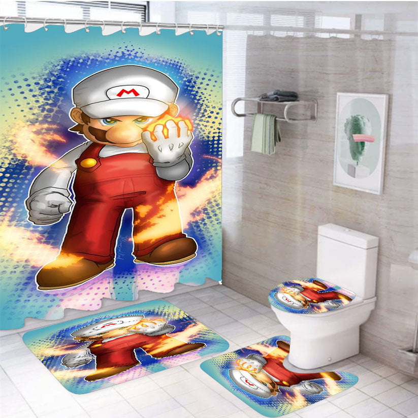 White Mario Flame Mode 4Pcs Bathroom Non-Slip Rugs Shower Curtain Fabric Waterproof