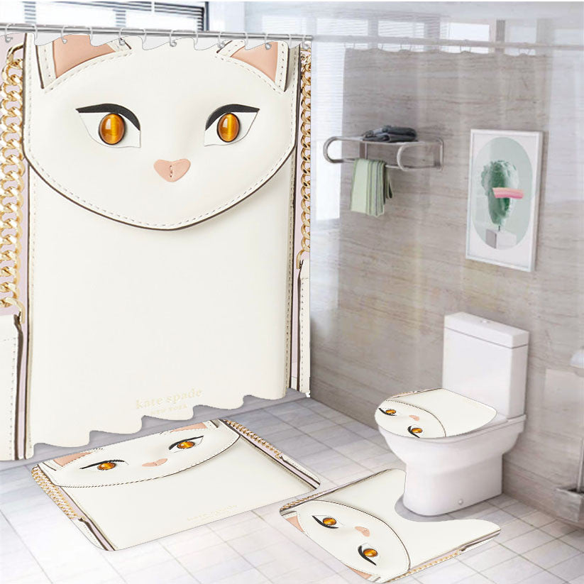 White Meow Cat North South Kate Spade Wallet 4Pcs Bathroom Non-Slip Rugs Shower Curtain Fabric Waterproof
