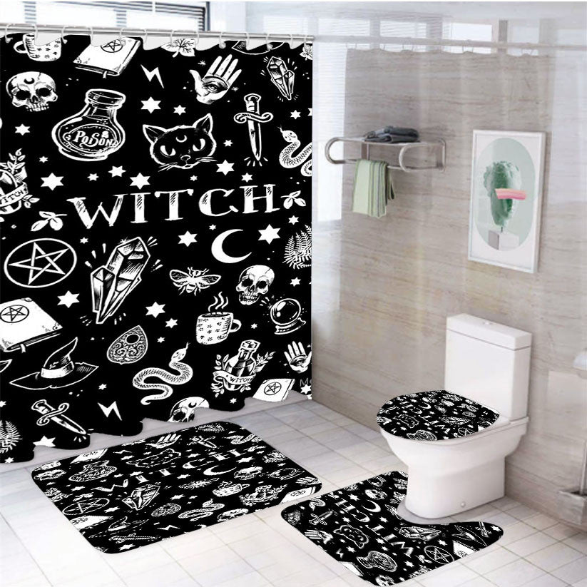 Wicth Pattern 2 4Pcs Bathroom Non-Slip Rugs Shower Curtain Fabric Waterproof