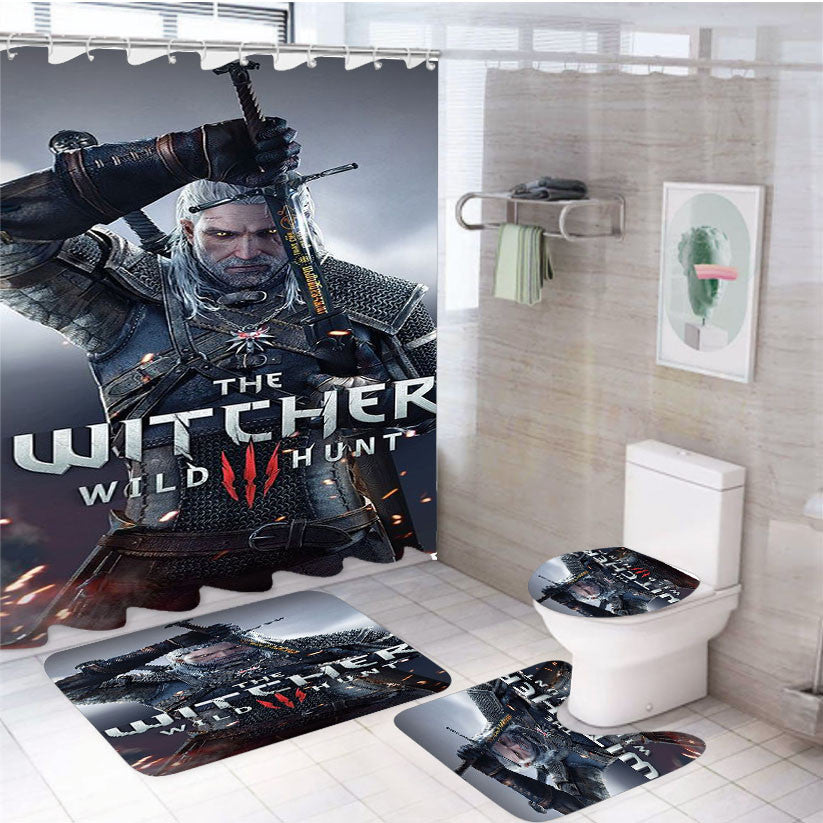 Wild Hunt The Witcher 4Pcs Bathroom Non-Slip Rugs Shower Curtain Fabric Waterproof