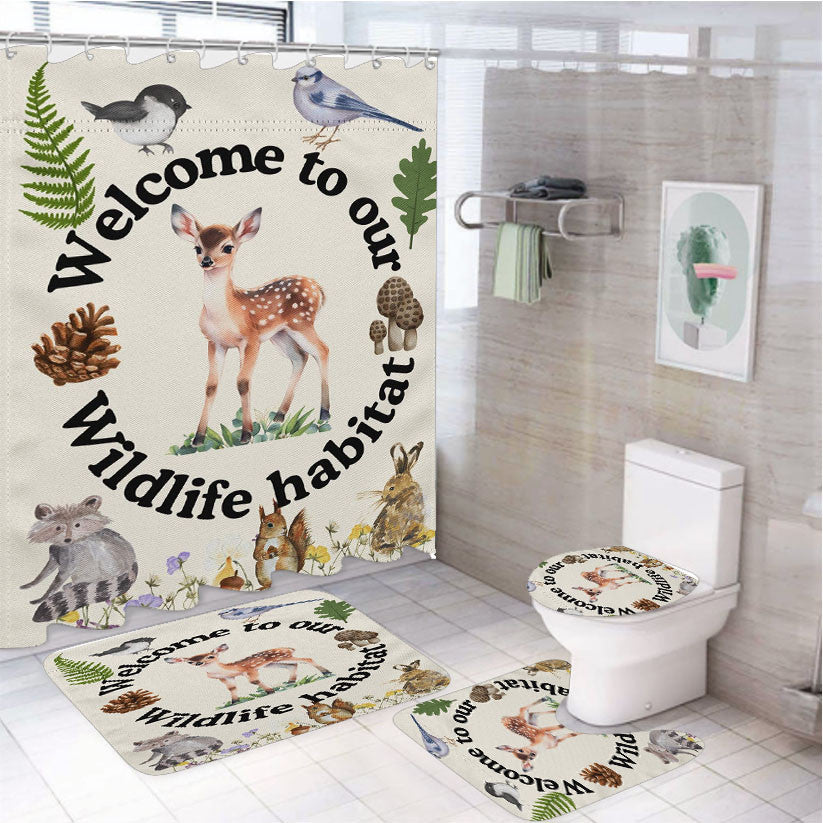 Wildlife Habitat 4Pcs Bathroom Non-Slip Rugs Shower Curtain Fabric Waterproof