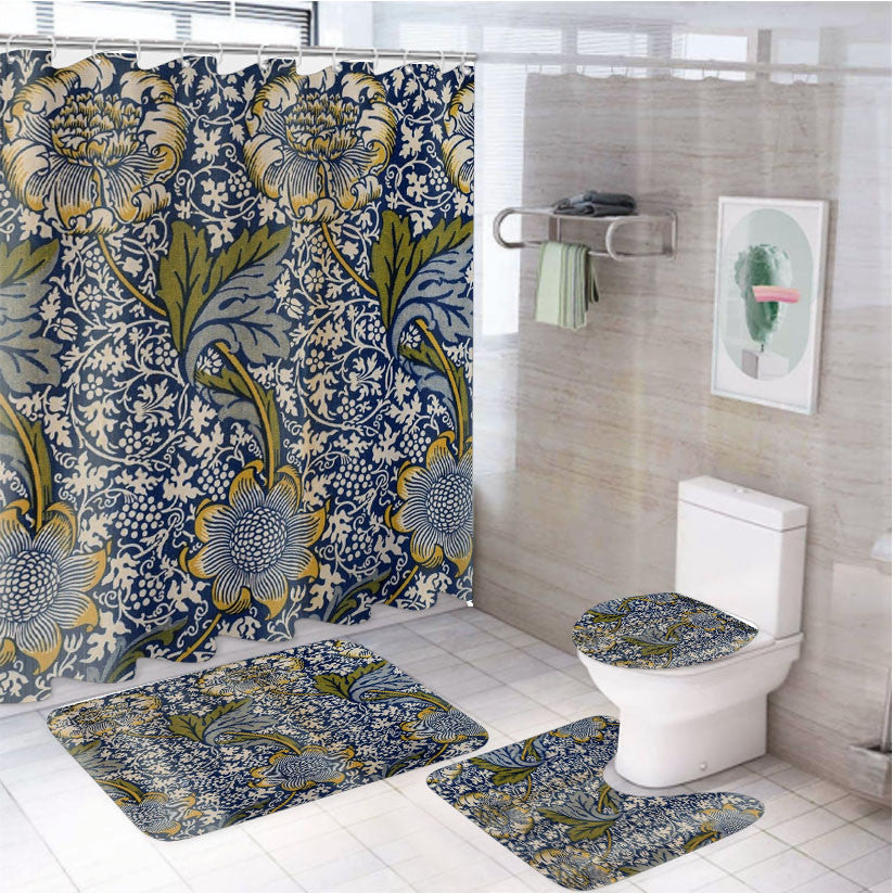 William Morris 4Pcs Bathroom Non-Slip Rugs Shower Curtain Fabric Waterproof