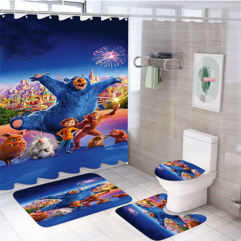 Wonder Park Characters 4Pcs Bathroom Non-Slip Rugs Shower Curtain Fabric Waterproof