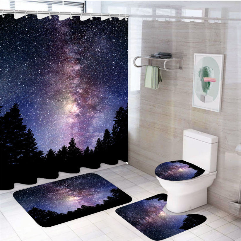 Wonderfull Starry Night Forest 4Pcs Bathroom Non-Slip Rugs Shower Curtain Fabric Waterproof
