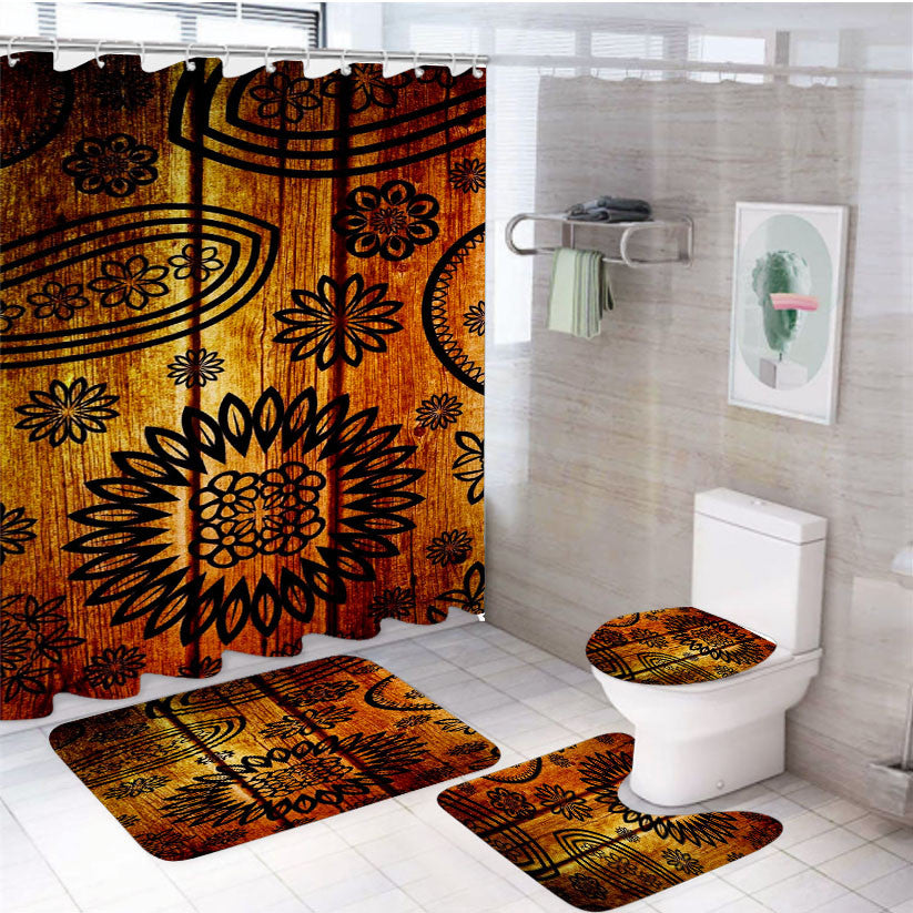 Wood Flowers 4Pcs Bathroom Non-Slip Rugs Shower Curtain Fabric Waterproof