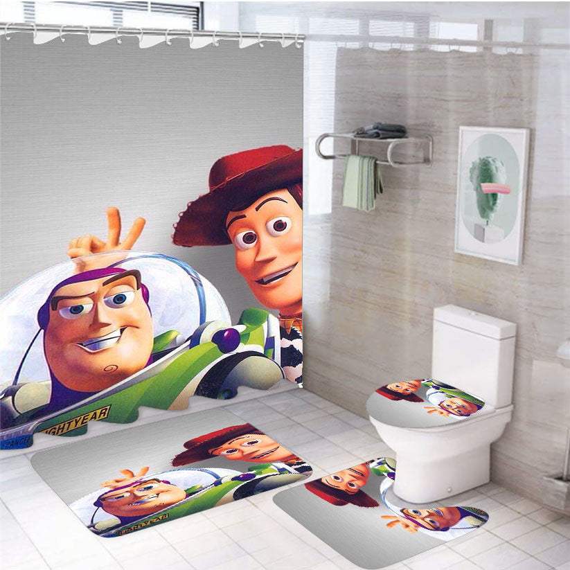 Woody And Buzz Lightyear Toy Story 4Pcs Bathroom Non-Slip Rugs Shower Curtain Fabric Waterproof