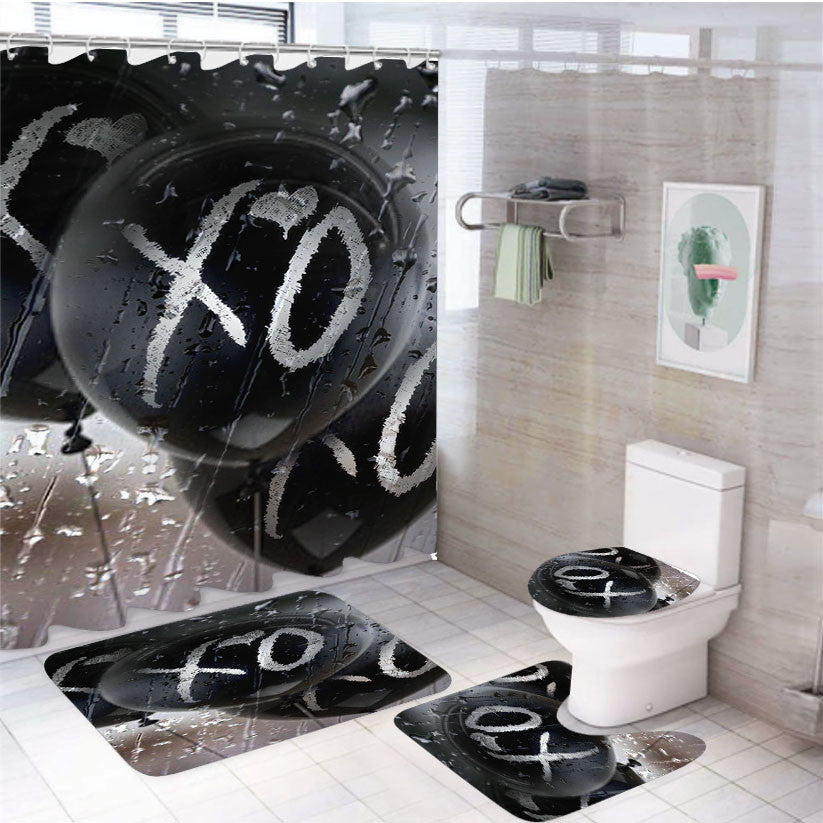 Xo Love Black Balloon Rain Drop 4Pcs Bathroom Non-Slip Rugs Shower Curtain Fabric Waterproof