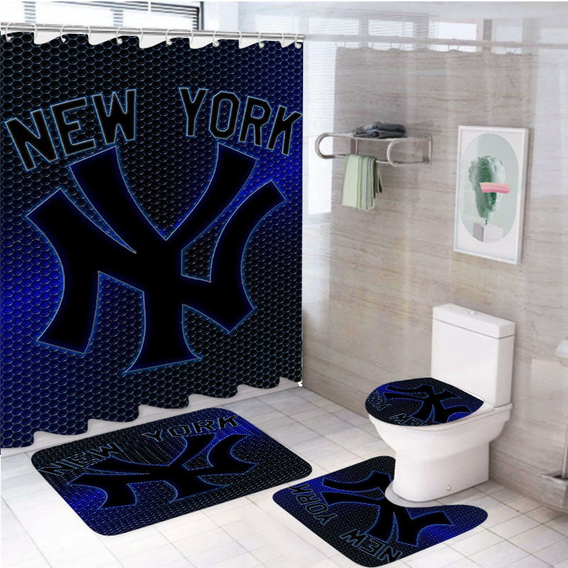 Yankees Newyork Glowing 4Pcs Bathroom Non-Slip Rugs Shower Curtain Fabric Waterproof