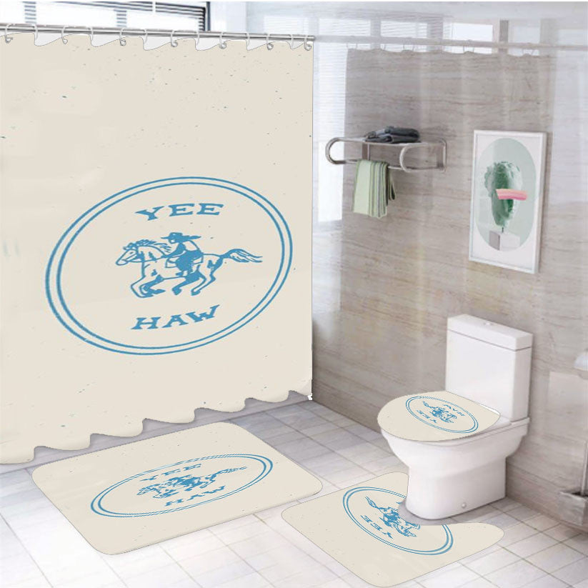 Yee Haw In Blue 4Pcs Bathroom Non-Slip Rugs Shower Curtain Fabric Waterproof