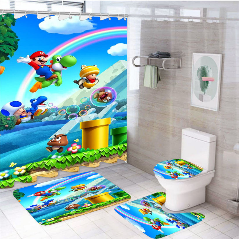 Yoshi Mario 4Pcs Bathroom Non-Slip Rugs Shower Curtain Fabric Waterproof