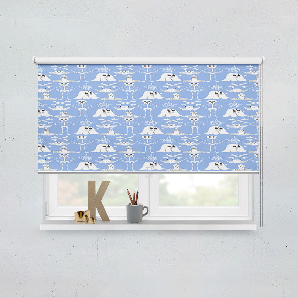 Blue Pattern Halloween Ghost Skeleton Window Roller Blinds Shades