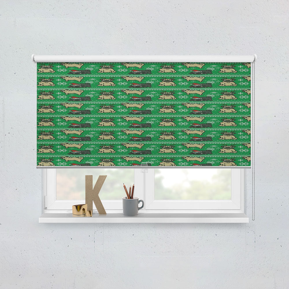 Christmas Pug Green Winter Pattern Window Roller Blinds Shades
