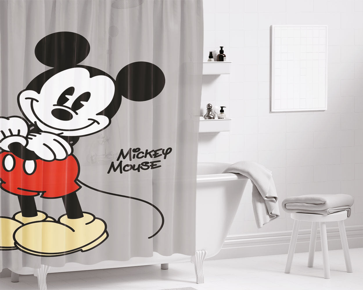 Mickey Mouse Gray Wallpaper Bathroom Shower Curtain Fabric Waterproof | 66 X 72 Inch