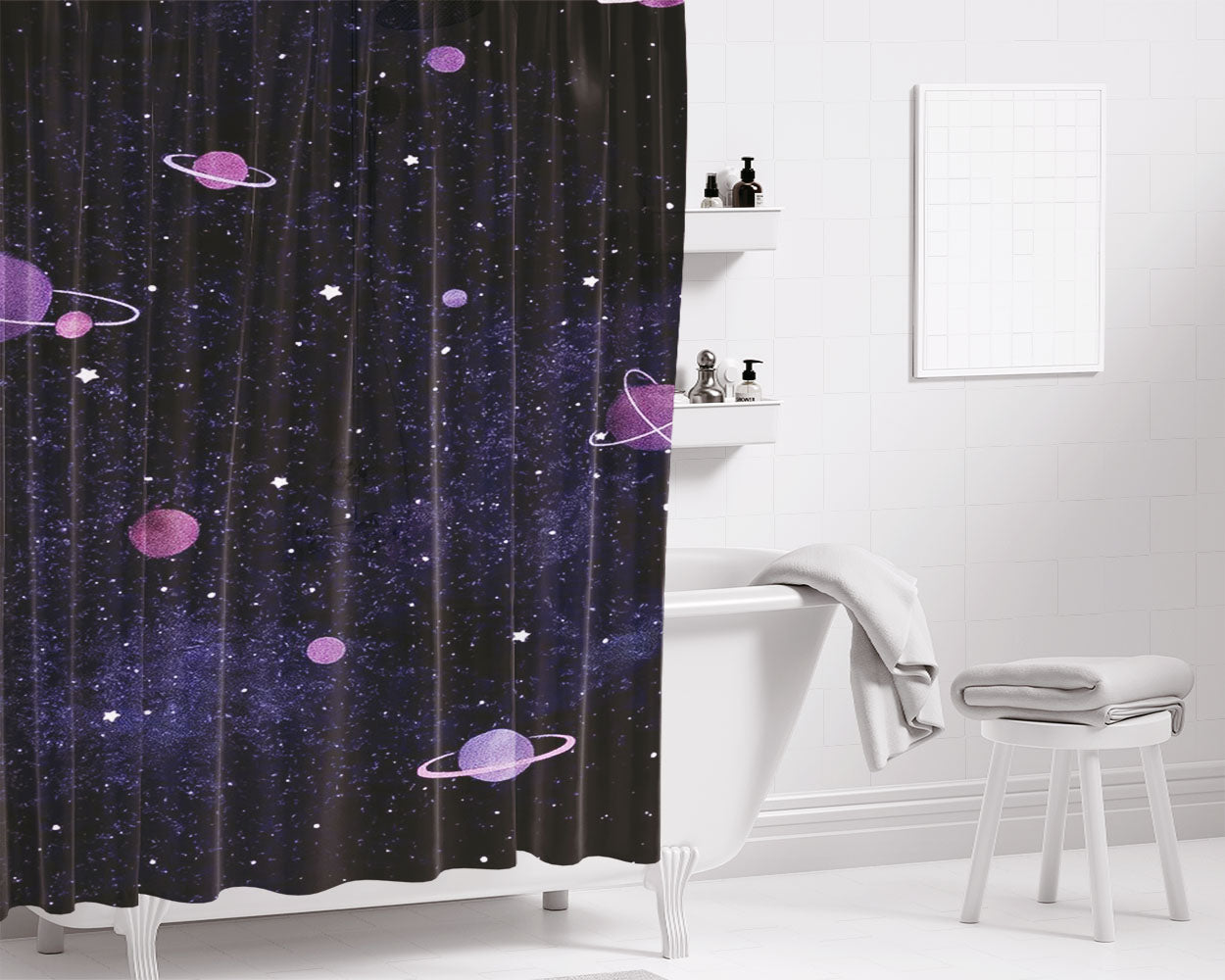 Milky White Galaxy Pattern Bathroom Shower Curtain Fabric Waterproof | 66 X 72 Inch