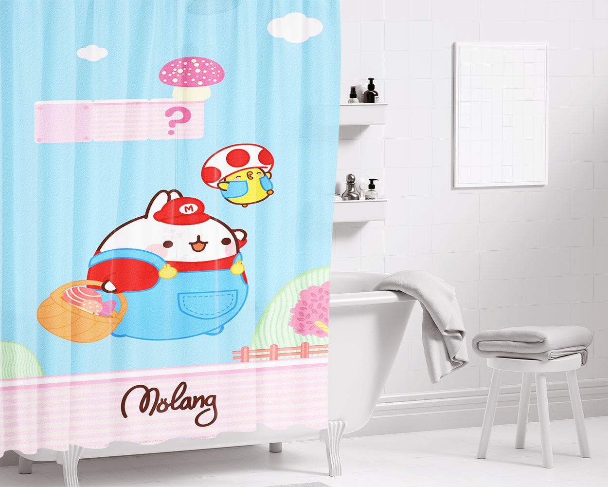 Molang And Piu-Piu X Mario Bros Bathroom Shower Curtain Fabric Waterproof | 66 X 72 Inch
