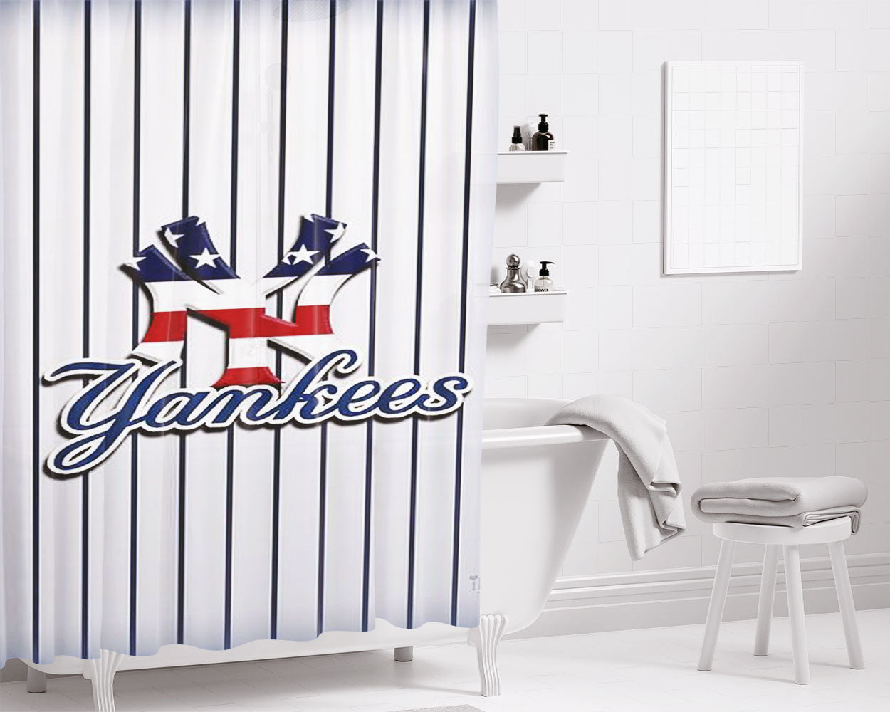 Newyork Yankees Stripe Bathroom Shower Curtain Fabric Waterproof | 66 X 72 Inch