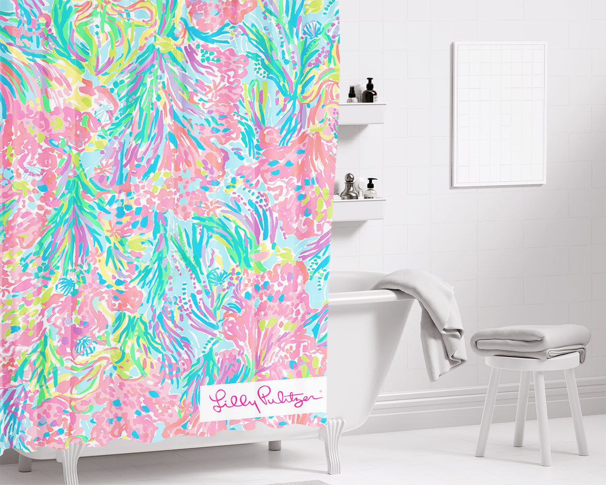 Palm Beach Coral Lilly Pulitzer Bathroom Shower Curtain Fabric Waterproof | 66 X 72 Inch