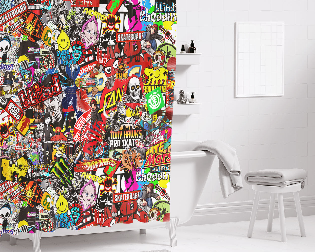Skate Long Board Astronout Bathroom Shower Curtain Fabric Waterproof | 66 X 72 Inch