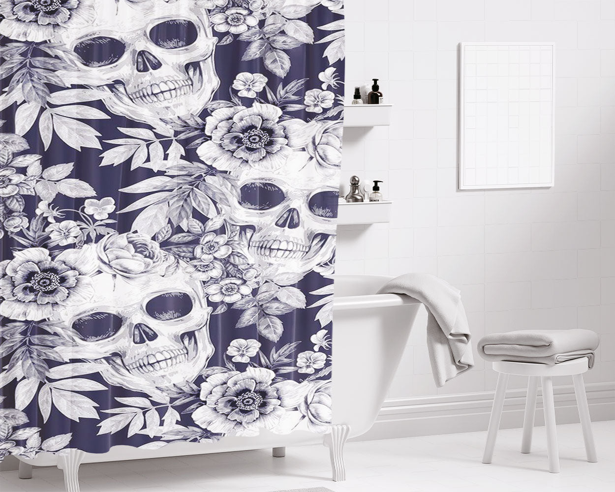 Skull Pattern Oldschool Bathroom Shower Curtain Fabric Waterproof | 66 X 72 Inch