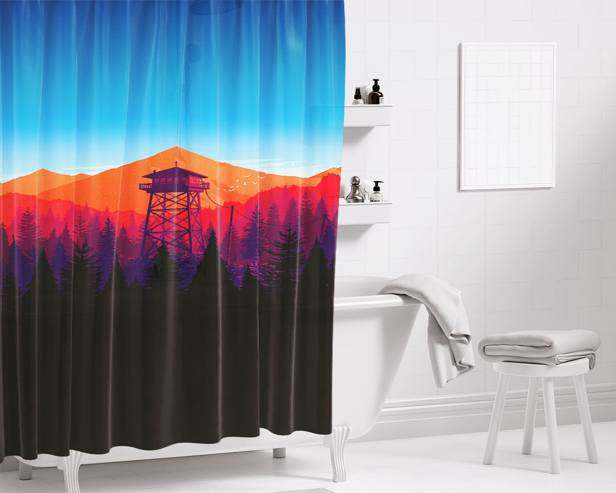 Tower Art In Forest Wallpaper Bathroom Shower Curtain Fabric Waterproof | 66 X 72 Inch