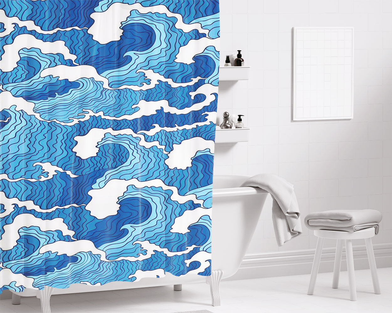 Waves August Bathroom Shower Curtain Fabric Waterproof | 66 X 72 Inch