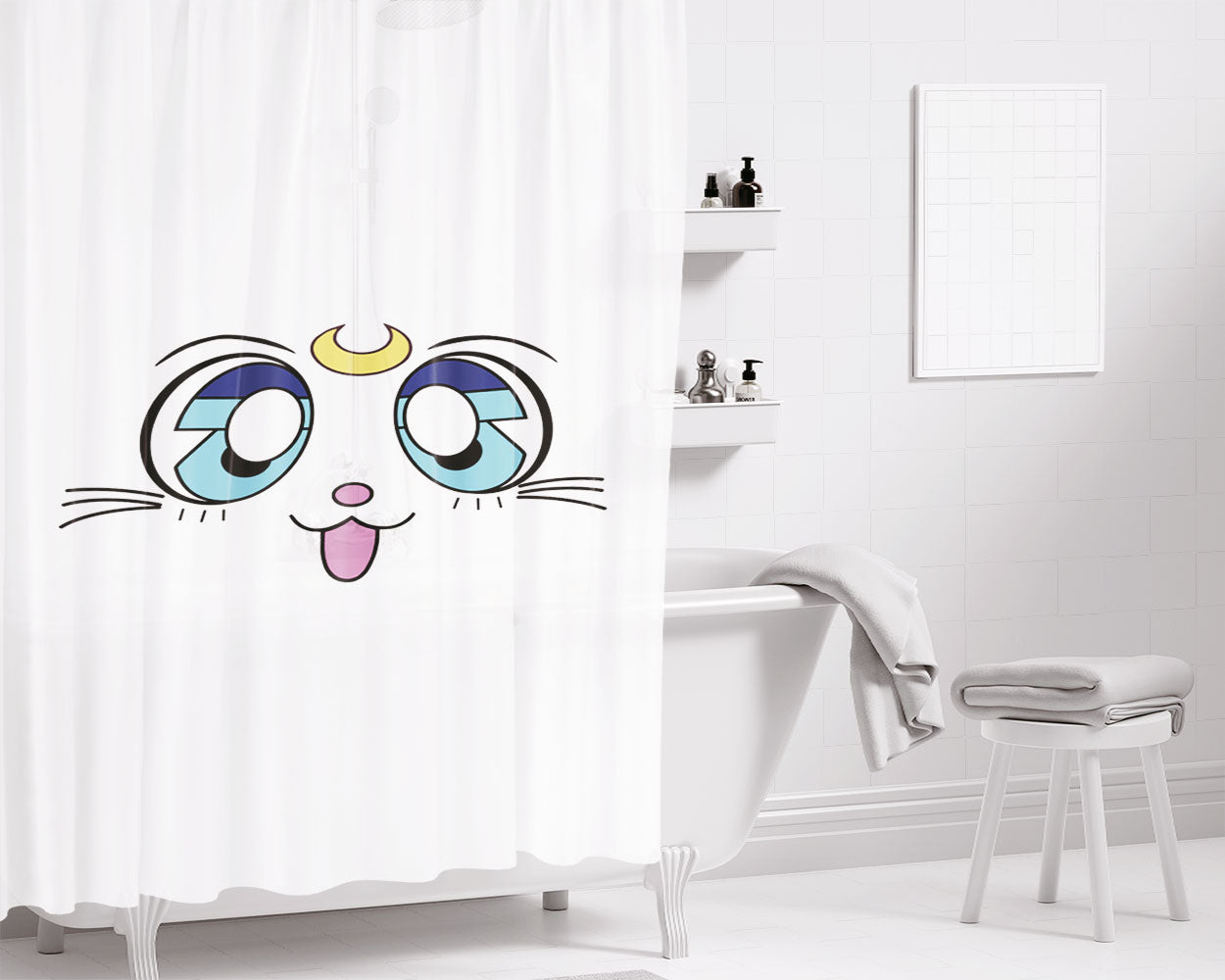 White Cat Illustration August Bathroom Shower Curtain Fabric Waterproof | 66 X 72 Inch