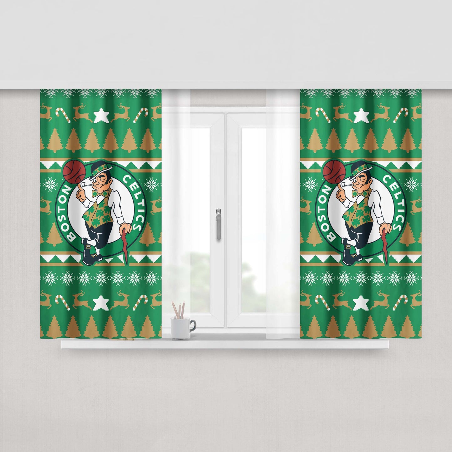 Boston Celtics Christmas Sweater Peach Skin Window Curtains