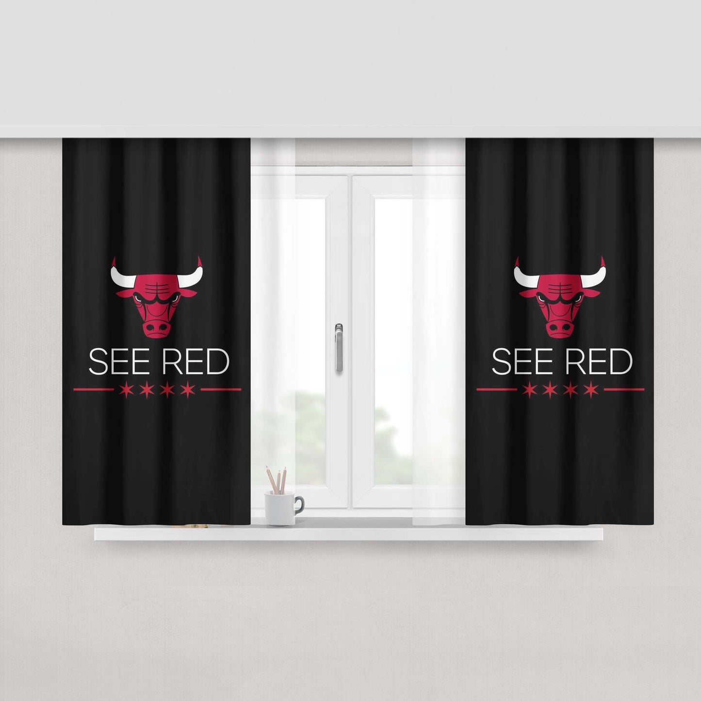 Chicago Bulls Logo See Red Peach Skin Window Curtains