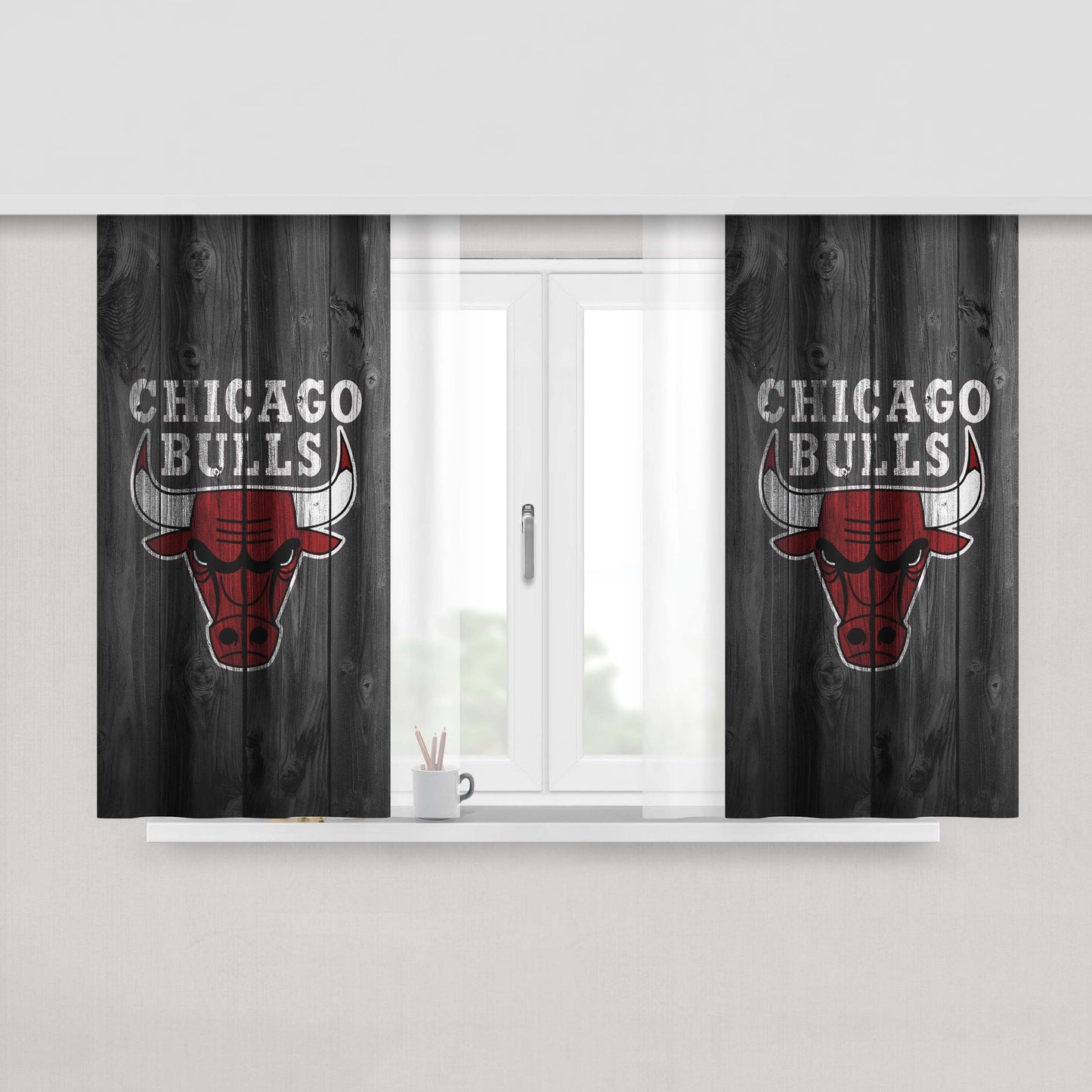 Chicago Bulls Nba Logo Dark Wood Wallpaper Peach Skin Window Curtains