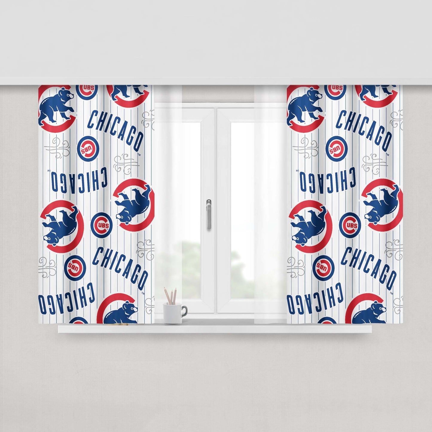Chicago Cubs Logo Stripe 2 Peach Skin Window Curtains