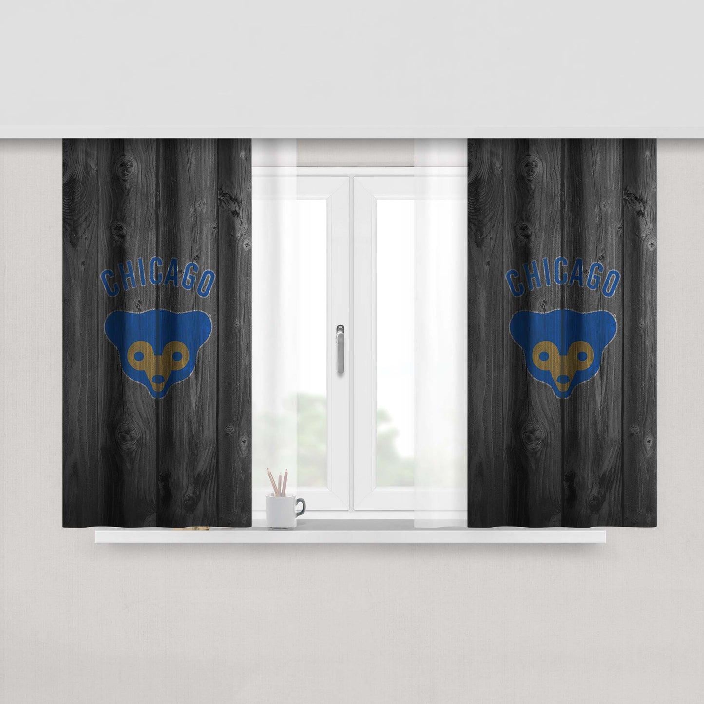 Chicago Cubs Mlb Logo Dark Wood Wallpaper Peach Skin Window Curtains