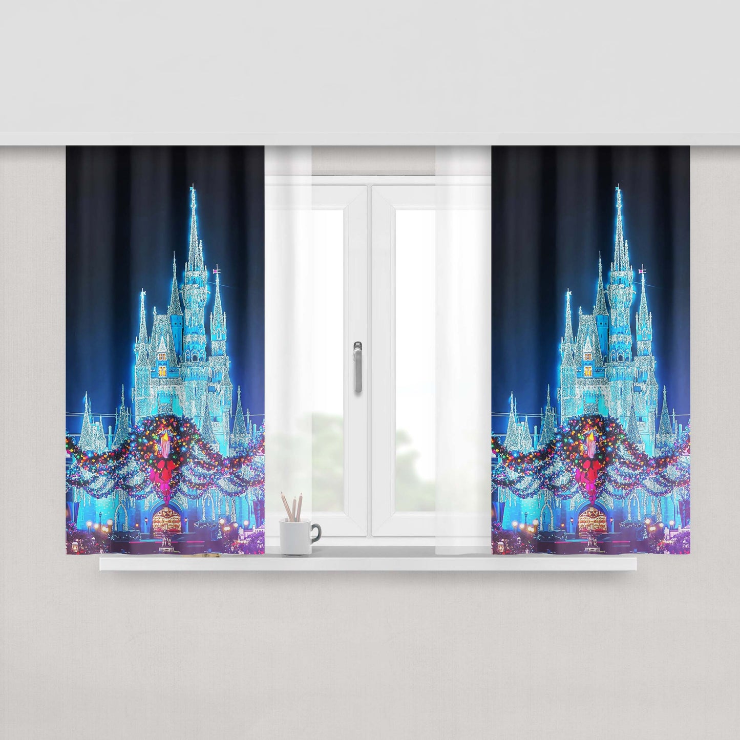 Christmas Disney Castle Peach Skin Window Curtains