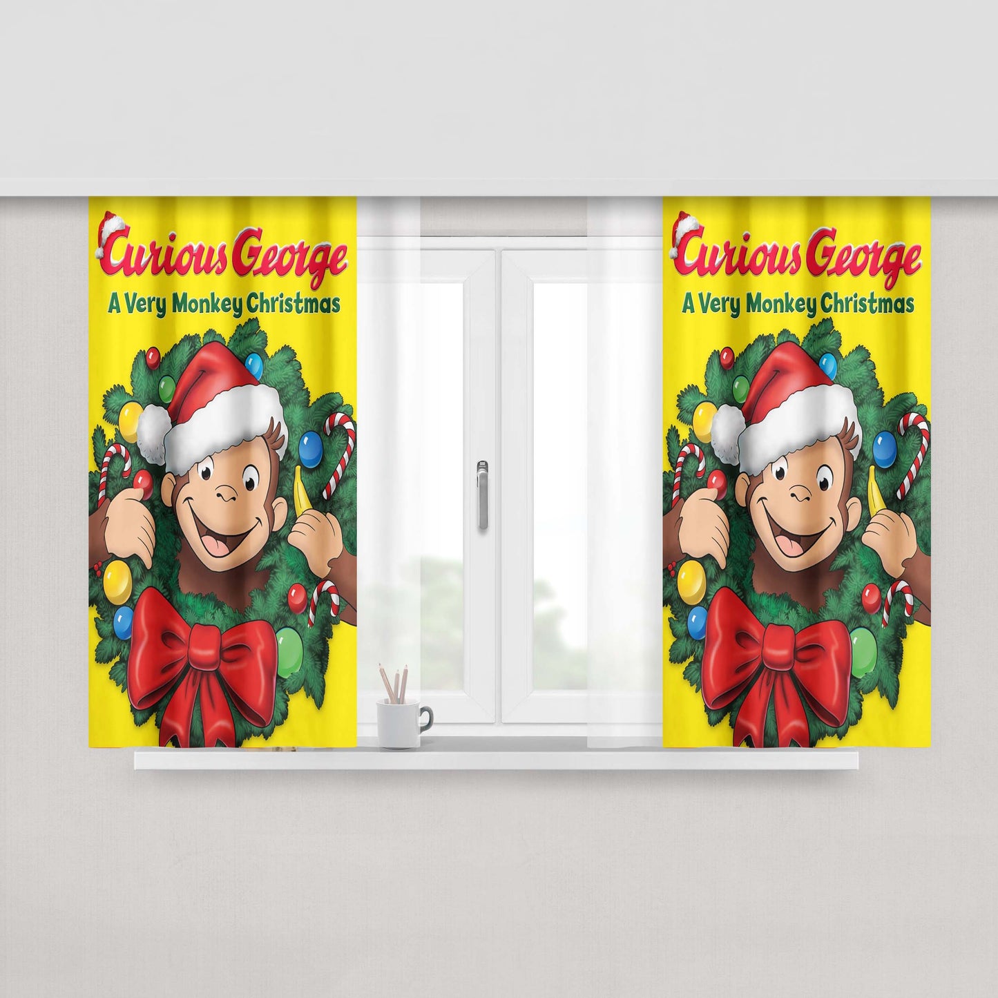 Curious George A Very Monkey Christmas Peach Skin Window Curtains