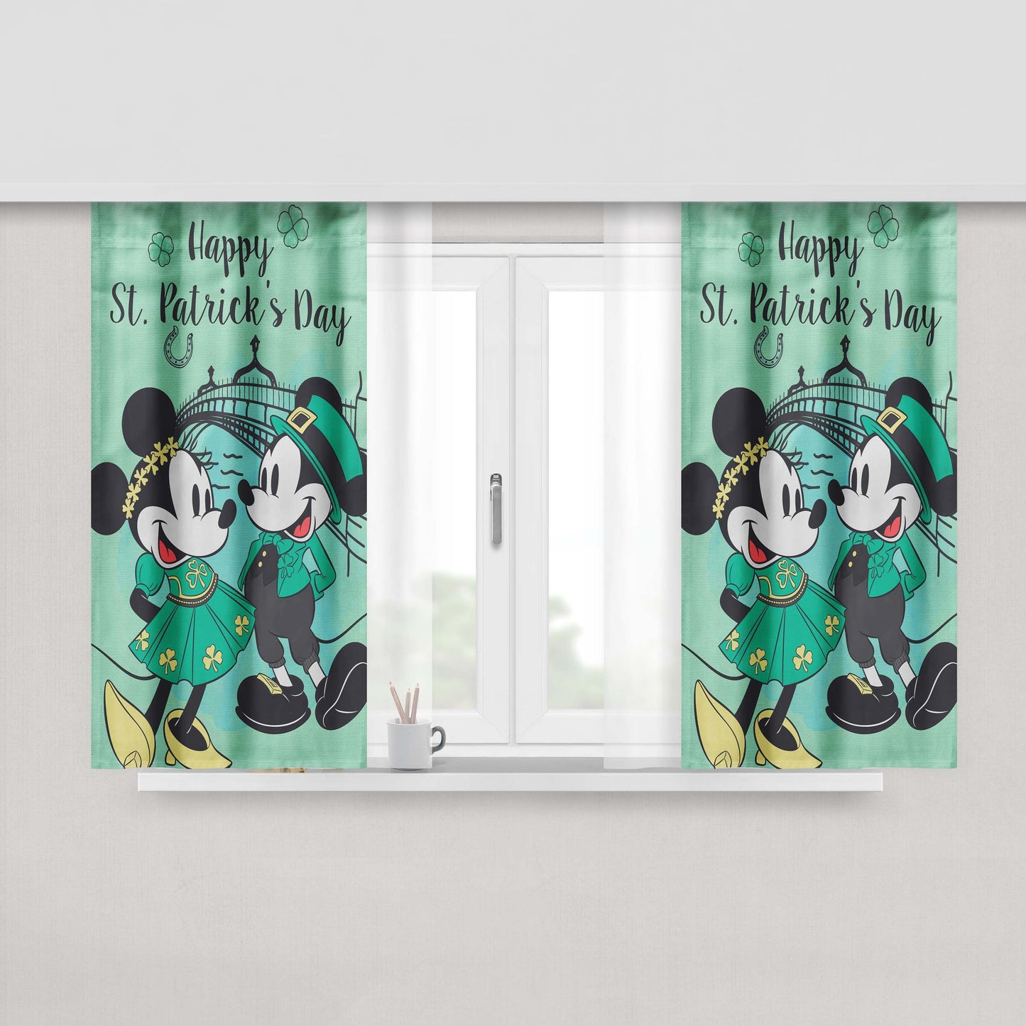 Disney Happy St. Patrick'S Day Stitch Peach Skin Window Curtains