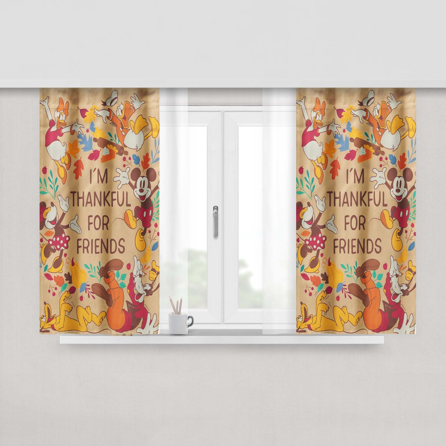 Disney Thankful For Friends Mickey And The Gang Peach Skin Window Curtains