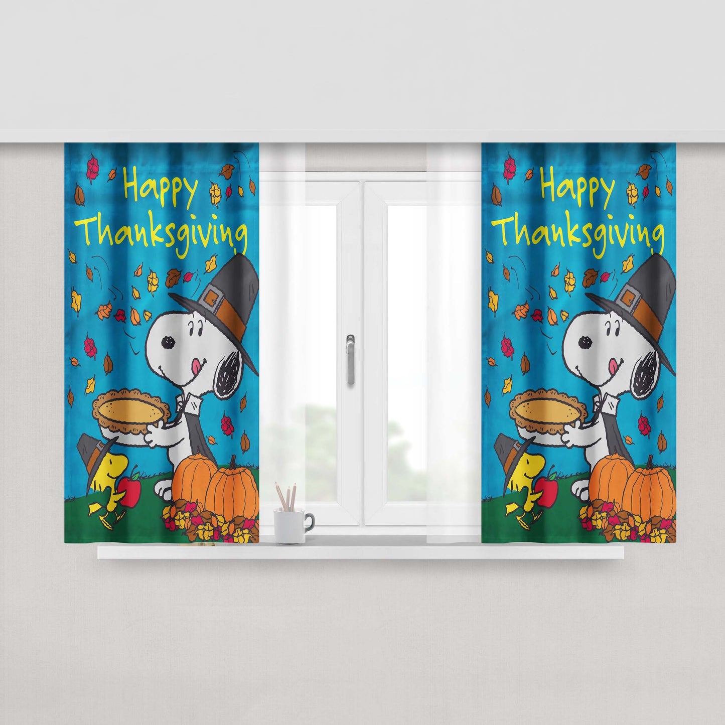 Happy Thanksgiving Snoopy Peach Skin Window Curtains